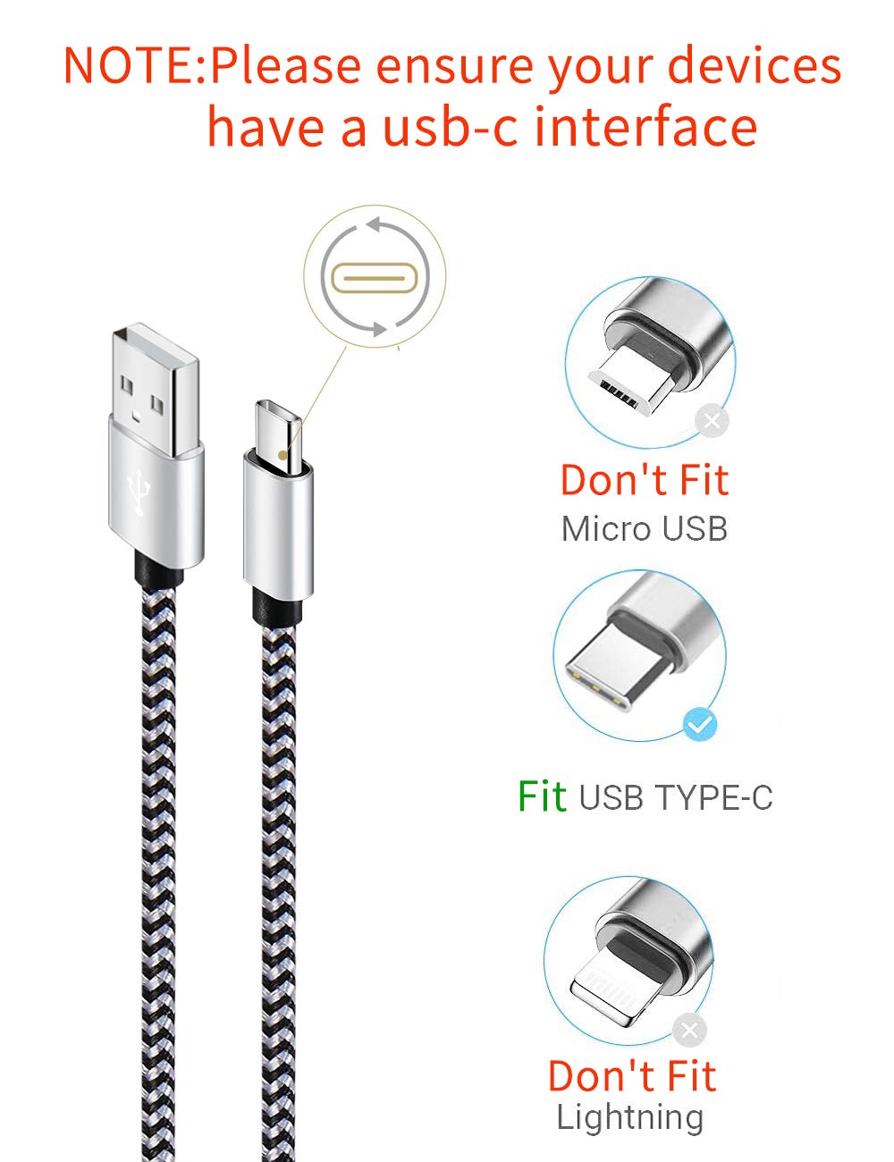 USB Type C Cable Fast Charging, 5 Pack(6Ft 3A) Braided C Charger Cables Compatible with Samsung S10E/Note 9/S10/S9/S8 