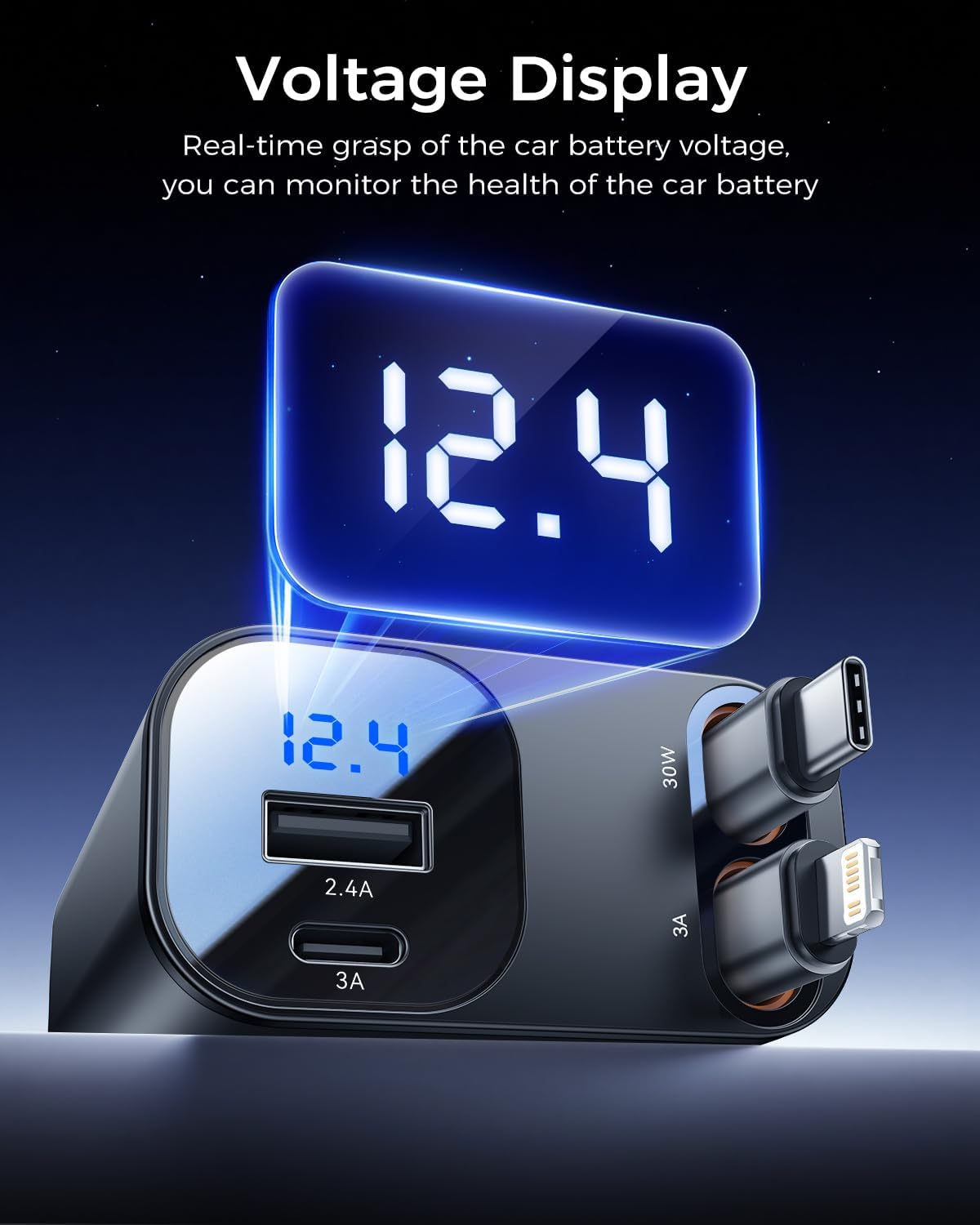 Retractable Car Charger for iPhone, 4 in 1 USB C Car Charger with Dual Cord,69W Fast Charging Cigarette Lighter Adapter,Road Trip Essentials,Car Accessories Gifts for iPhone