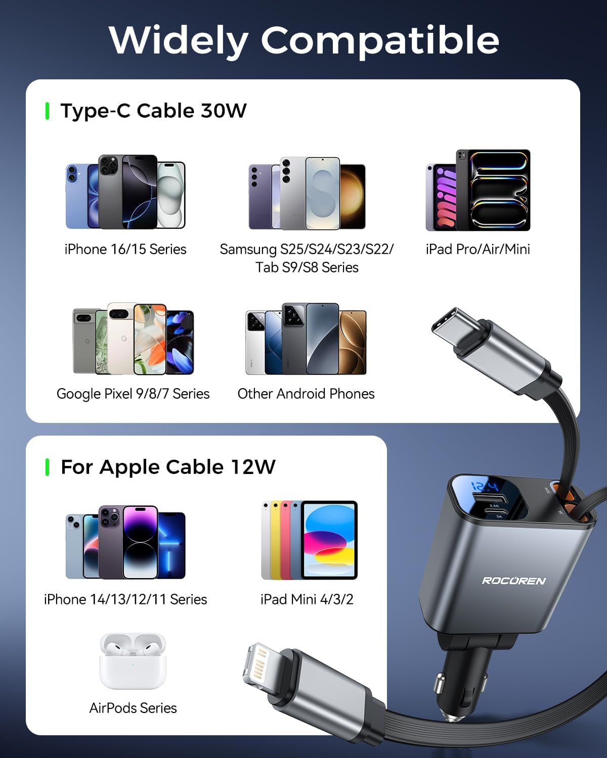 Retractable Car Charger for iPhone, 4 in 1 USB C Car Charger with Dual Cord,69W Fast Charging Cigarette Lighter Adapter,Road Trip Essentials,Car Accessories Gifts for iPhone