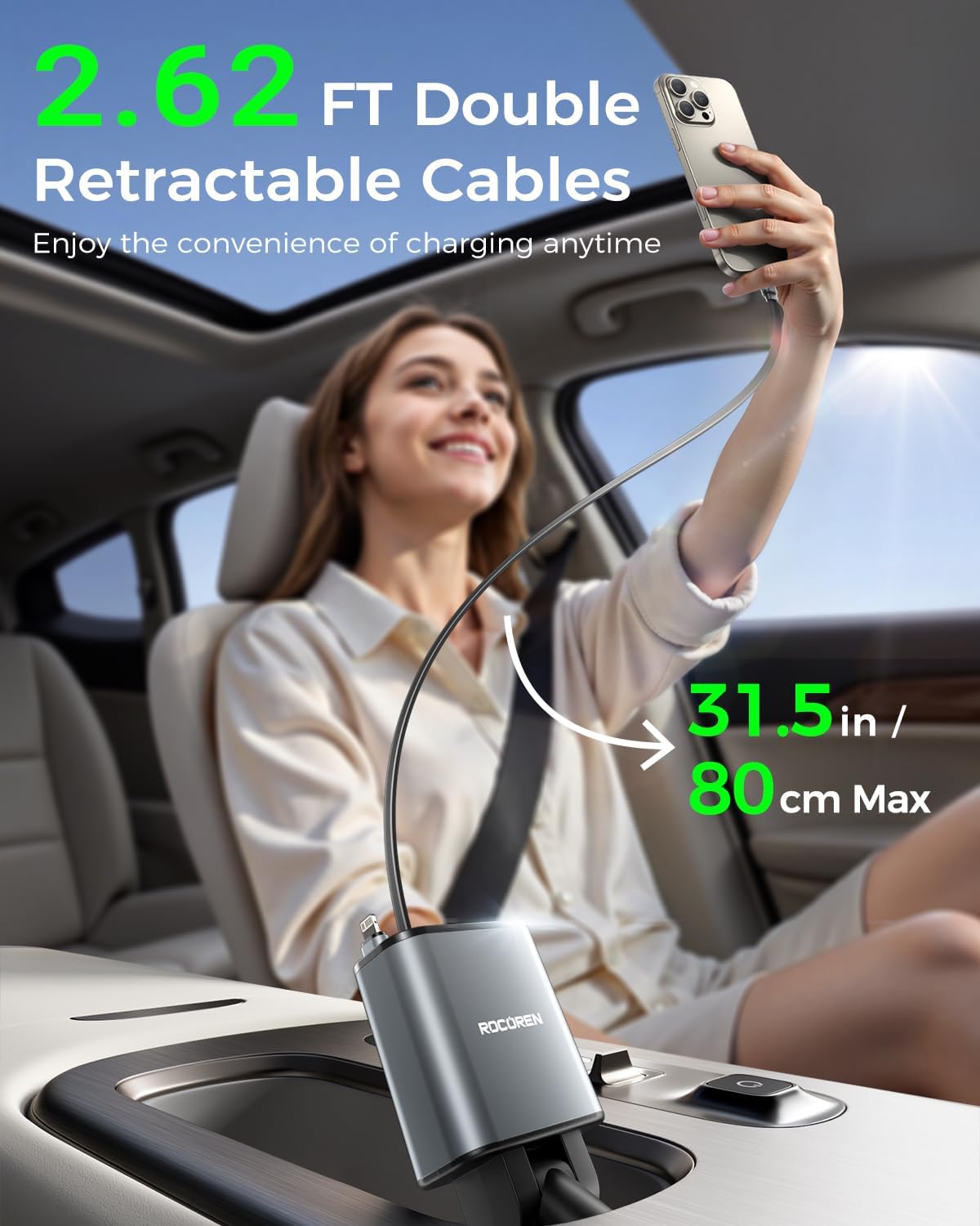 Retractable Car Charger for iPhone, 4 in 1 USB C Car Charger with Dual Cord,69W Fast Charging Cigarette Lighter Adapter,Road Trip Essentials,Car Accessories Gifts for iPhone