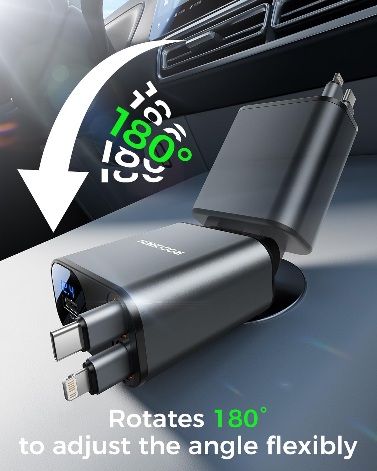 Retractable Car Charger for iPhone, 4 in 1 USB C Car Charger with Dual Cord,69W Fast Charging Cigarette Lighter Adapter,Road Trip Essentials,Car Accessories Gifts for iPhone