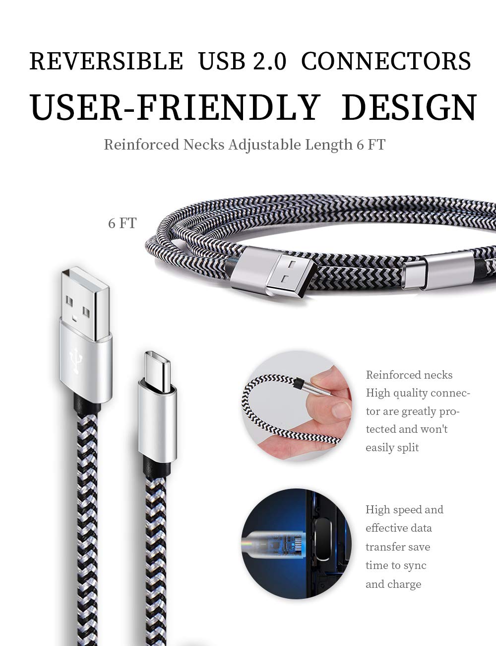 USB Type C Cable Fast Charging, 5 Pack(6Ft 3A) Braided C Charger Cables Compatible with Samsung S10E/Note 9/S10/S9/S8 