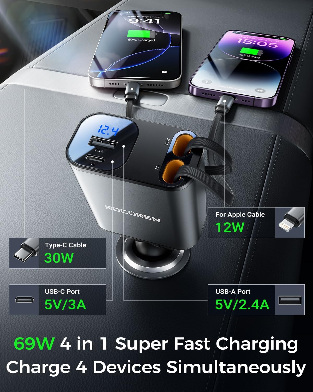 Retractable Car Charger for iPhone, 4 in 1 USB C Car Charger with Dual Cord,69W Fast Charging Cigarette Lighter Adapter,Road Trip Essentials,Car Accessories Gifts for iPhone